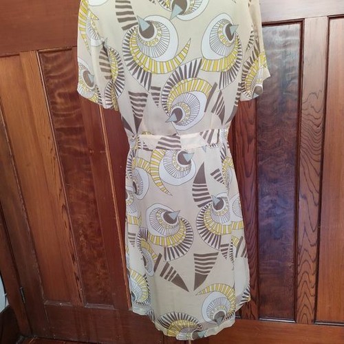 Antik Batik L / 12 patterned cream silk chiffon belted shift dress with beading - Picture 9 of 12