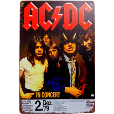 Vintage Rock & Roll Themed Metal Sign Reprint, AC/DC ''Highway To Hell'', 12'' x 8''