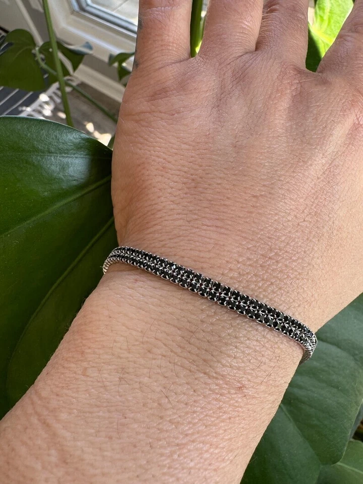 Brazalete Tenis Diamante Negro Simulado Corte Redondo 8 Ct Plata de Ley 925 Blanca Foto 4 de 4