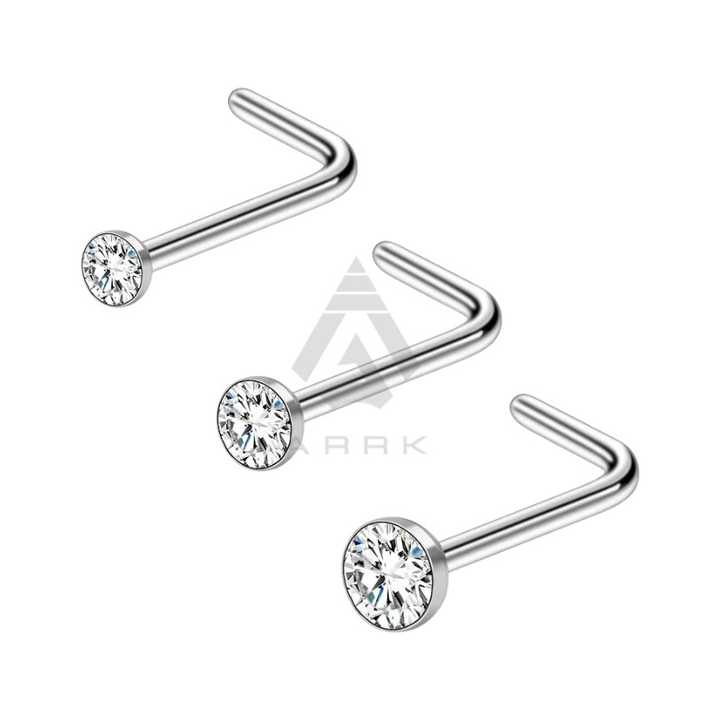 Perno de nariz de titanio plateado 20G curva en forma de L con piercing en fosa nasal gema transparente