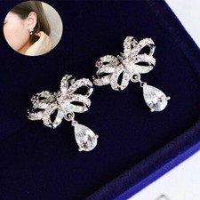 For White Stud Bow Ear Chic Bowknot Sapphire Earrings Cute Women Silver Stud
