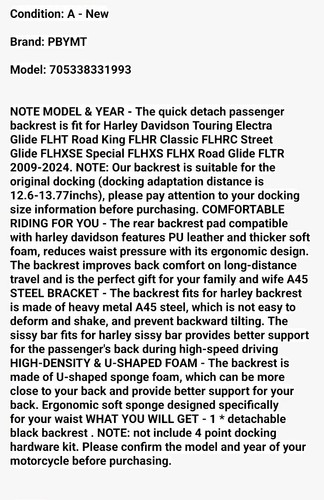 Detachable Backrest Sissy Bar For Harley Touring Road Glide  2009-25- Ships USA  - Afbeelding 6 van 6