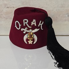 Shriners Burgundy Felt Fez Hat w/ Black Tassel Rhinestone ORAK Size 7 1/2 Small