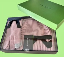 Kate Spade NWT Hat  Gloves Set Soft Knit English Rose-Lt pink Black Velvet Bows
