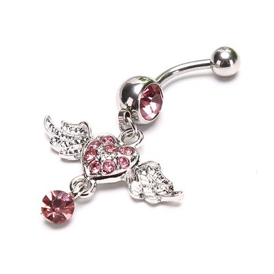 Women Fashion Piercing Crystal Heart Wing Belly Navel Ring Dangle Body Jewe FsTS