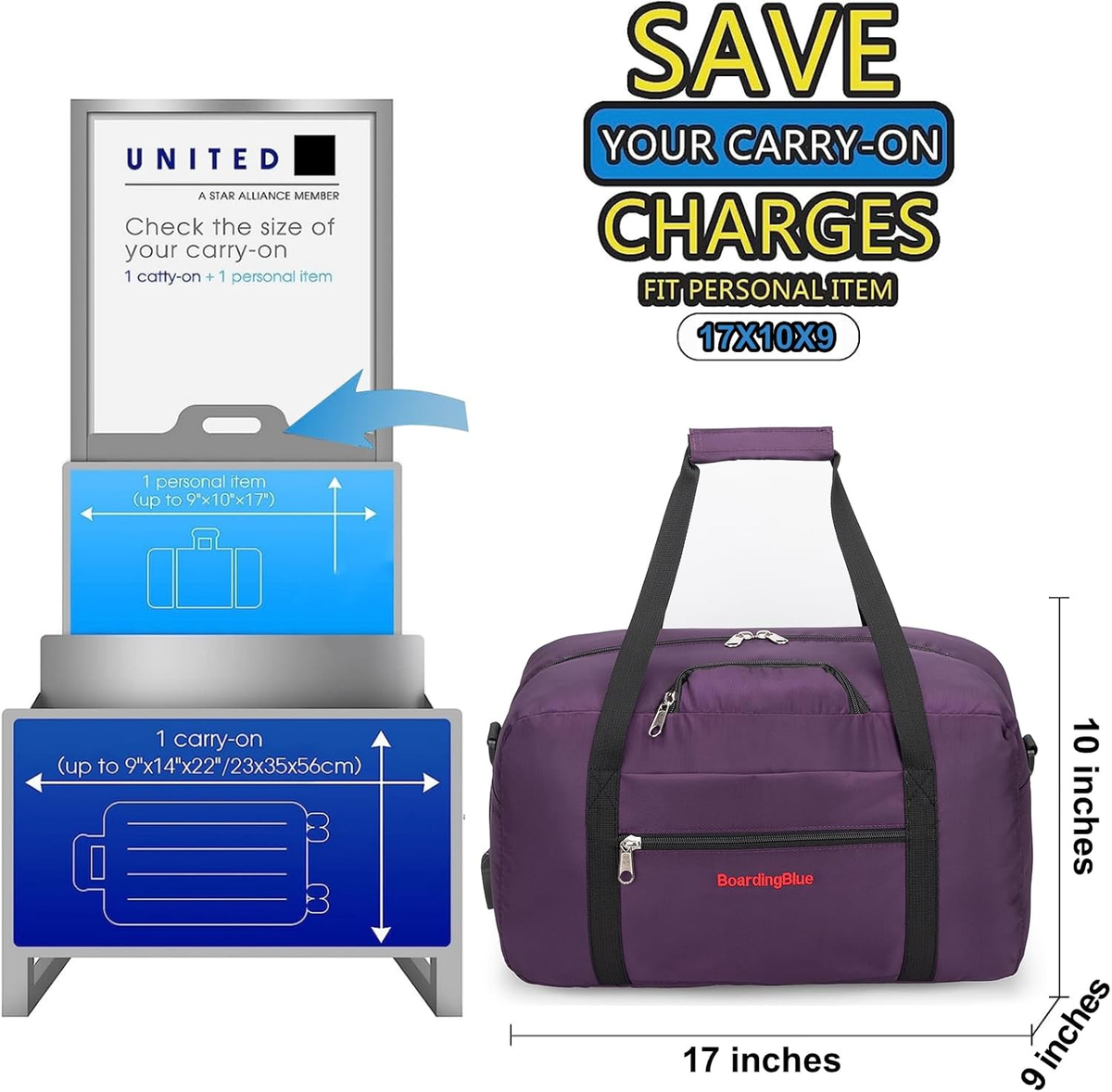 17X10X9 United Airline Personal Item under Seat Duffel Bag with