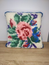 Vtg Completed Latch Hook Pillow Pink Rose Flower Blue Border Green Accents