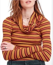 Free People Womens Cape Cod Thermal Top Sz Medium Gold Brown Ribbed Stripe Shirt