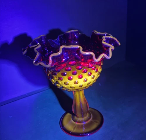 VTG Ruby Red Hobnail Glass Pedestal Compote Fenton Bowl Candy Dish Amberina