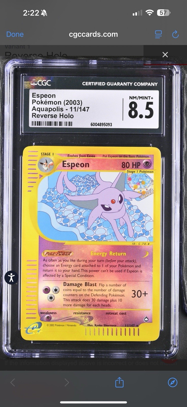CGC 8.5 Espeon 11/147 Aquapolis 2003 Pokemon Card