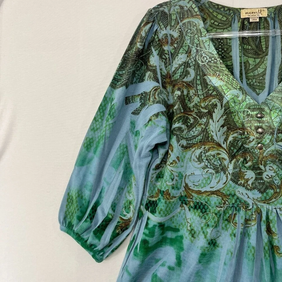 Top One World Azul Verde Talla XL V Cuello Elástico Tejido Manga Abullonada Boho Foto 4 de 4