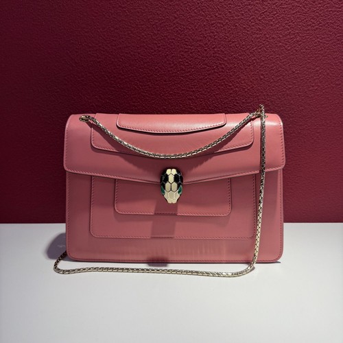 Bvlgari Serpenti Forever Pink Leather Crossbody Shoulder Bag Gold-tone Chain HW