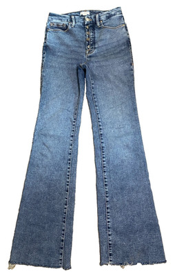 Good American Good Classic Bootcut Jeans 6/28 Raw Hem Stretch Boho Blue Denim