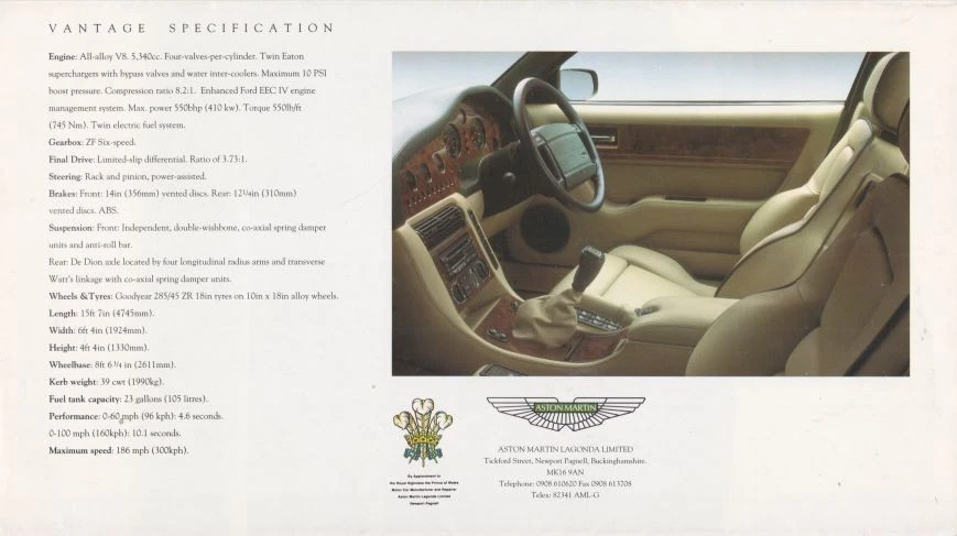Catalogue Brochure Aston Martin Vantage 1998 Grande Bretagne / U.K. - Photo 2/2