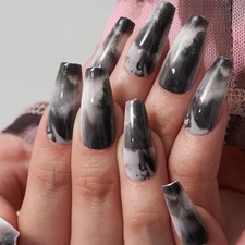 Press on Nails Long Coffin,Halloween Black Ombre False Nails with Dense Fog