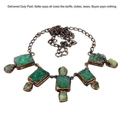 Copper Green Druzy Gemstone Aquamarine Rough Electroformed Chain Boho Necklace