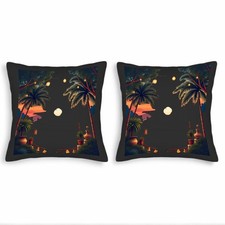 Set of 2 18x18in Throw Pillow Covers-Serene Nighttime Scene with Moon Palm Trees