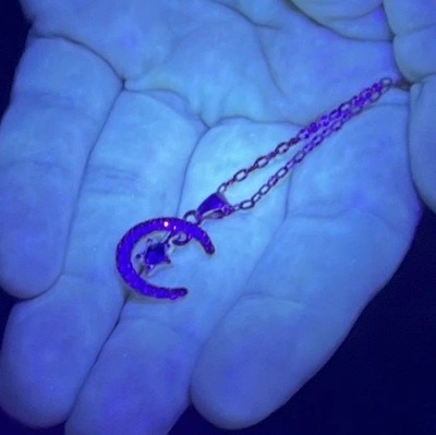 4mm Green Glass Moon & Star Celestial UV Purple Glowing Dangle Necklace