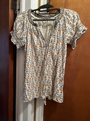 Pretty MAX STUDIO London Sz XS Yellow & White Puff Sleeve Tie Neck Blouse