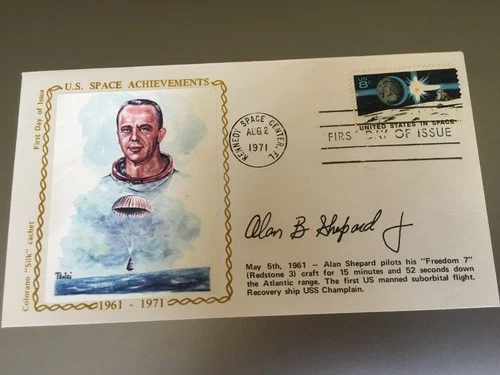 USA STAMPS RARE 1971 US SPACE ACHIEVEMENTS WITH PRINTED AUTOGRAPH ALAN SHEPARD