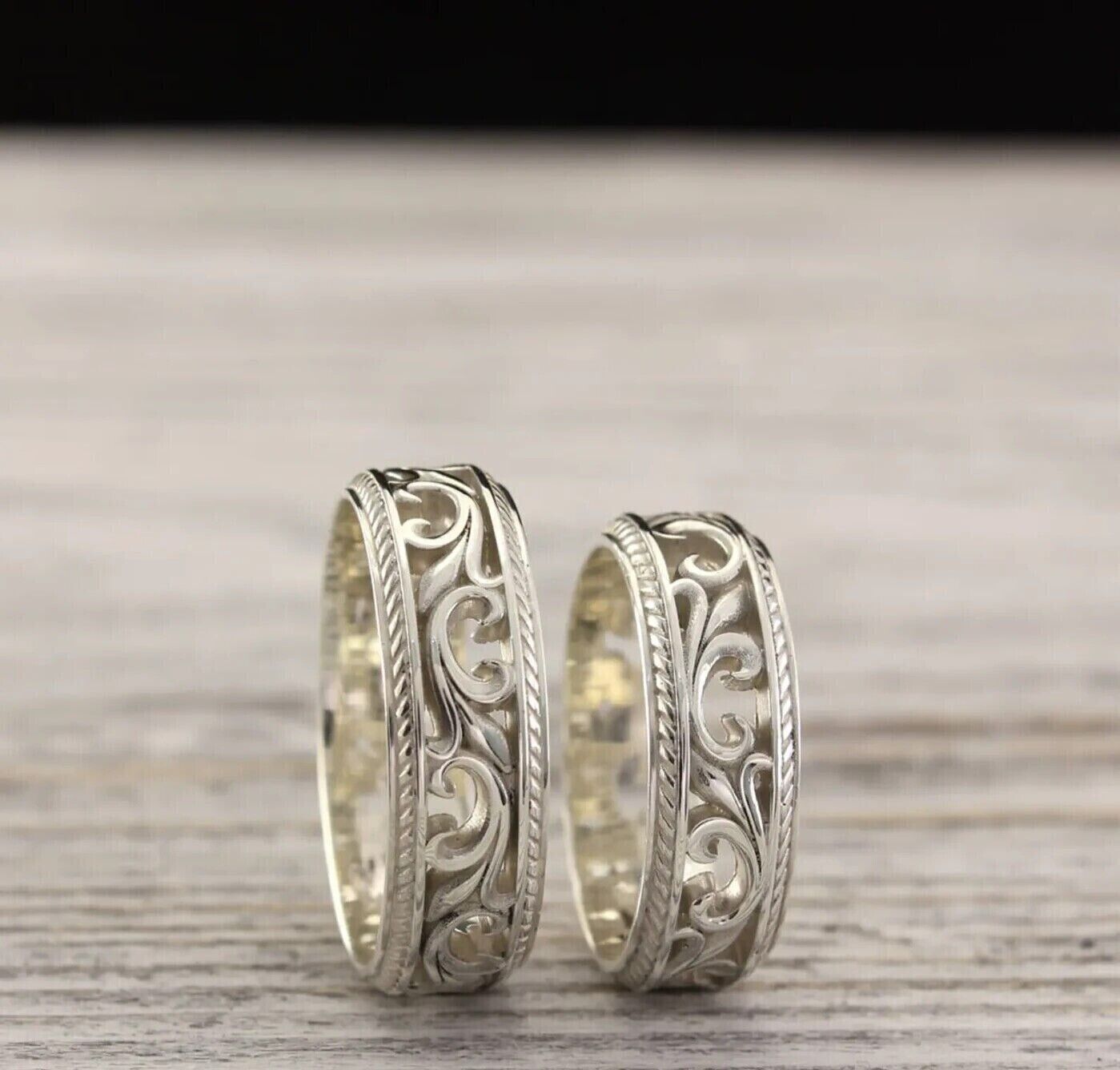 His & Her 14K White Gold Plated Love Wedding Band Set-image