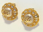 Auth Signed Chanel Earrings CC Faux Pearl  Crystal Yellow Gold Plate Clip on Vtg — photo 3