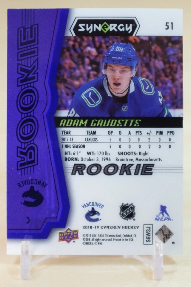 2018-19 Upper Deck Synergy Purple /88 #51 Adam Gaudette - Vancouver Canucks RC - Image 2 of 2