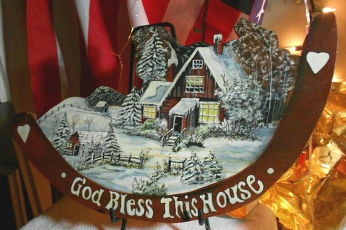 ORIGINAL OIL ON 1" WOOD CUTOUT"GOD BLESS THIS HOUSE" HOME SNOW FIRS # 6189 # 437 - Picture 1 of 12