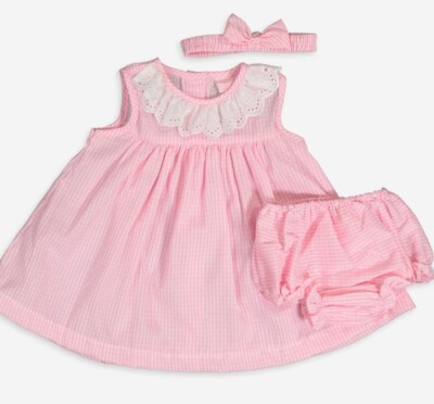 Rock A Bye Baby ~ rosa & weiß 3-teiliges Baumwollkleid, Hose & Haarband ~ 0-3 Monate