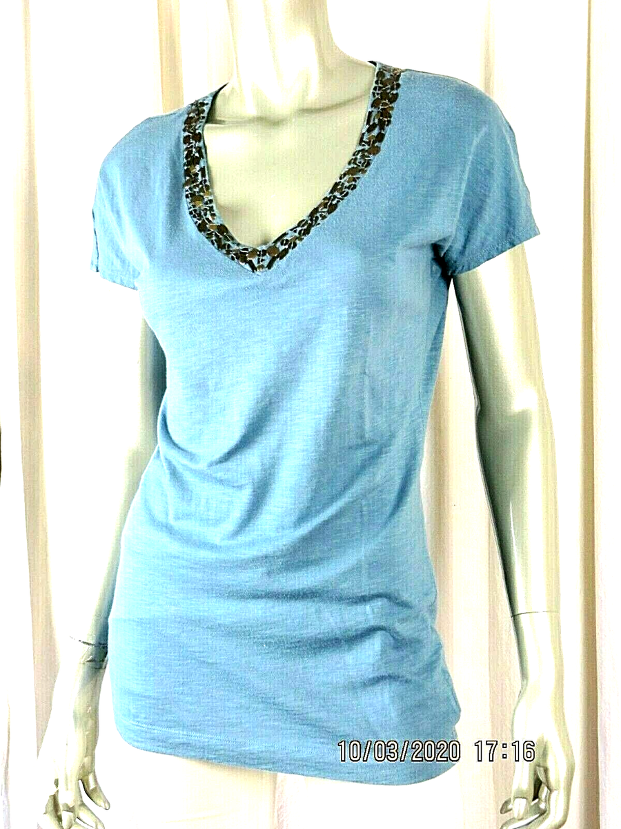 EDDIE BAUER SZ XS NWOT Steel Blue Sequined V-Neck Thin Knit-Cloth
