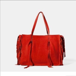Zara Rojo Flecos de Gamuza Cuero Grande Bolso con cremallera Bolsa | eBay