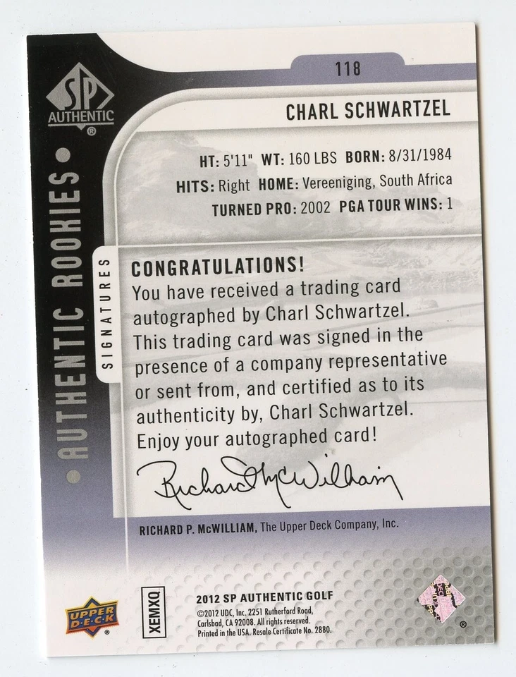 F730 CHARL SCHWARTZEL AUTO 2012 SP AUTHENTIC ROOKIES 15/699 #118 PGA GOLF RARE - Image 2 of 2