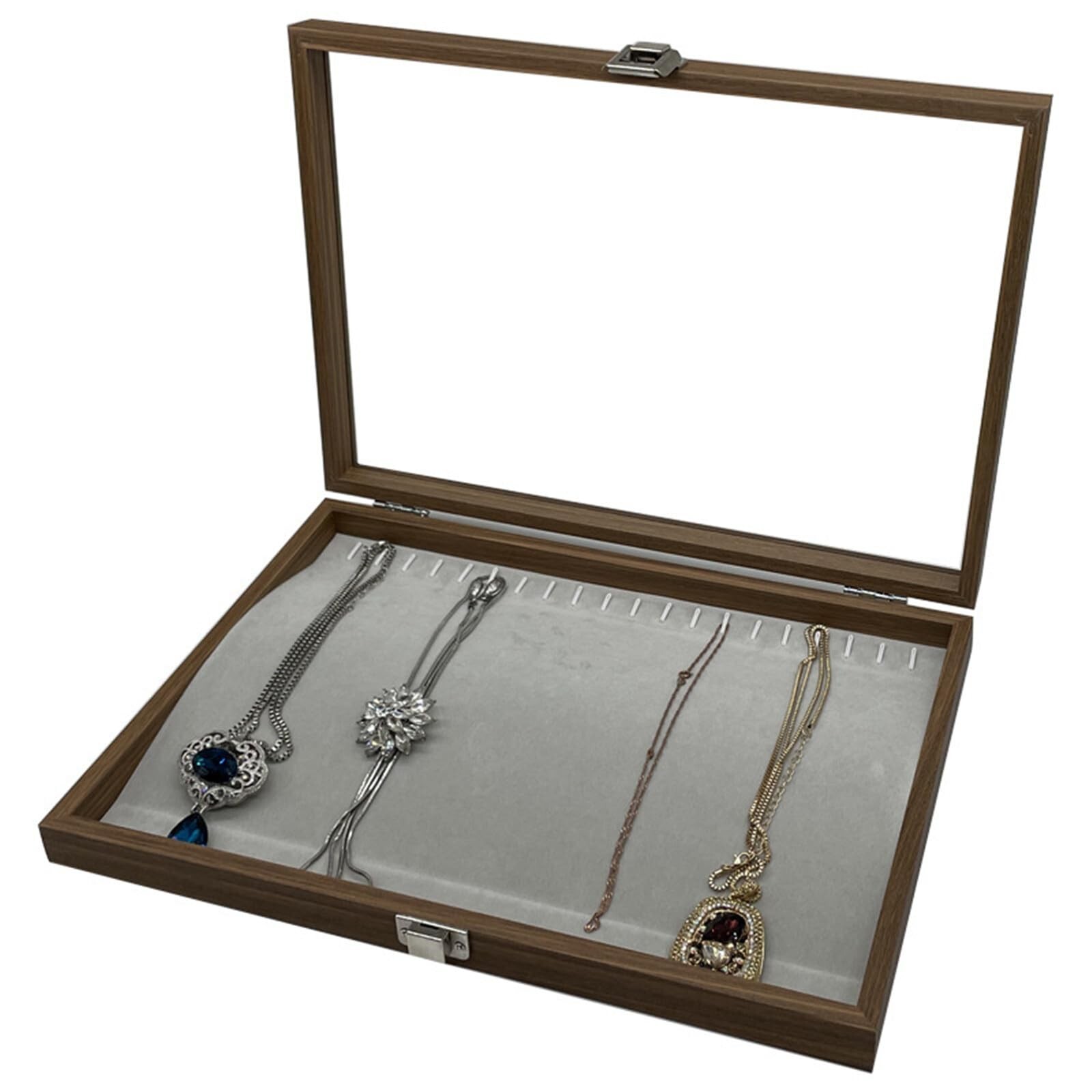 Wooden Necklace Display Box with Glass Lid Walnut Finish 20 Hooks Jewelry Organizer