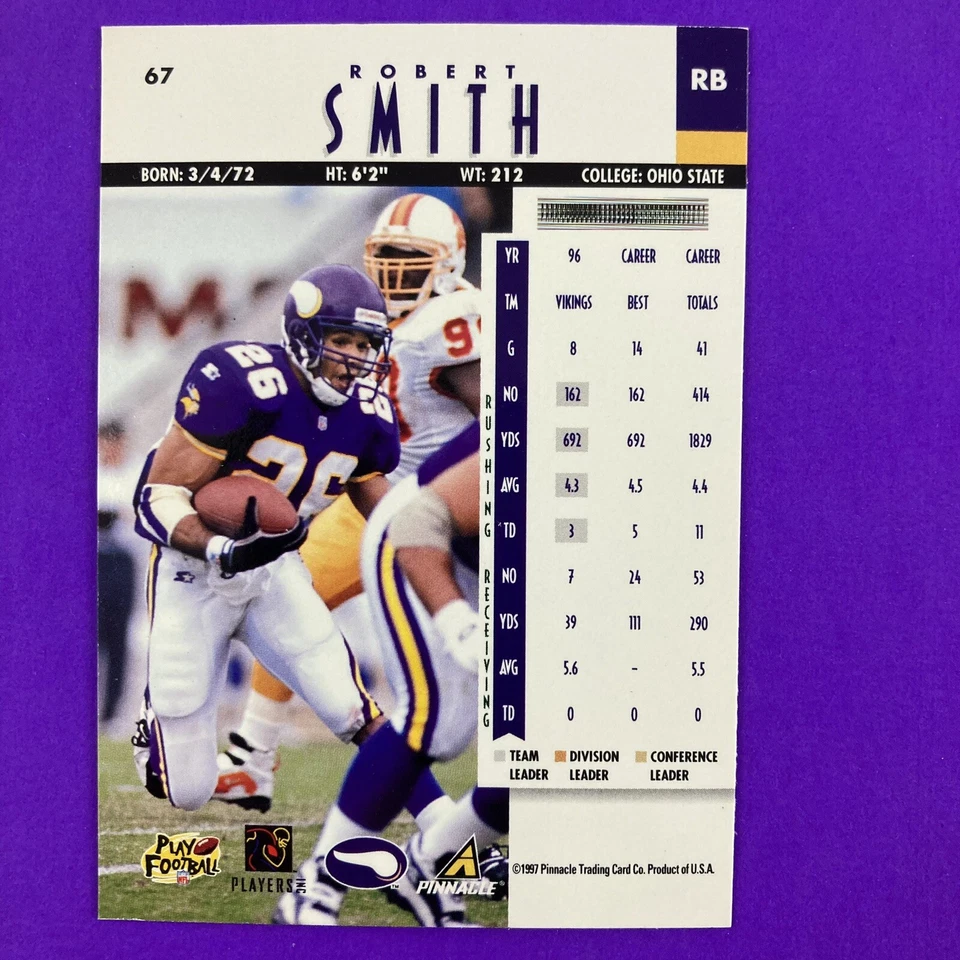 Robert Smith 1997 Pinnacle Card #67 NFL Minnesota Vikings - Image 2 of 2