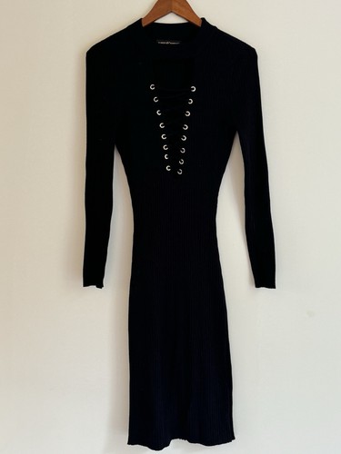 Almost Famous Black Ribbed Open Cheat Long sleeve Dress Size L - Picture 3 of 8