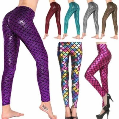 Ladies & Girls Kids Size Metallic Mermaid Disco Leggings Shiny Fish Tail Scale - Image 1 of 2