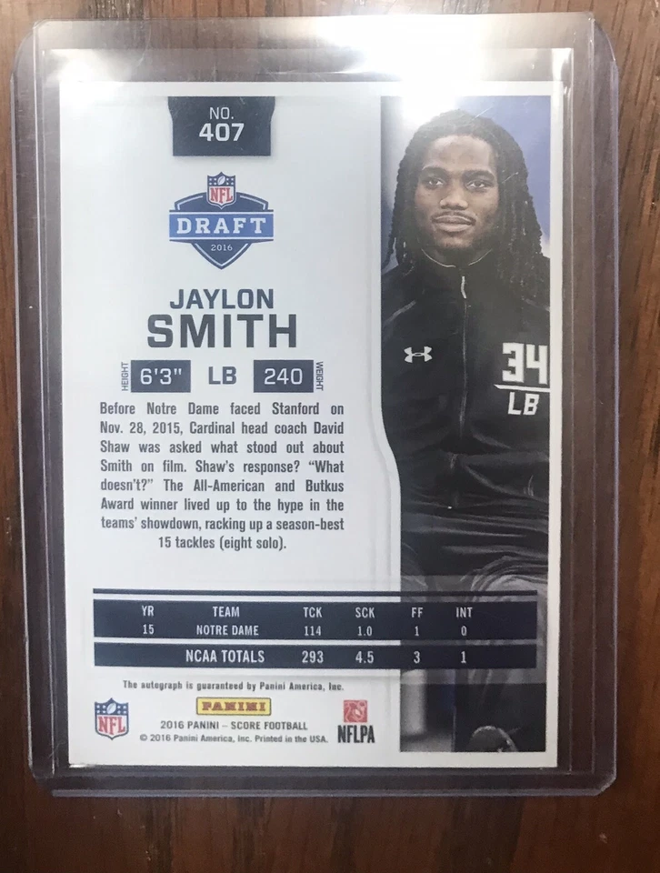 Jaylon Smith Autograph 2016 Panini Score Rookie Card RC 43/50 - Image 2 of 2