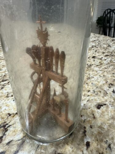 Antique Folk Art Whimsy Bottle Hand Carved Wooden Tools, Crucifix, Rare Stopper - Picture 2 of 24