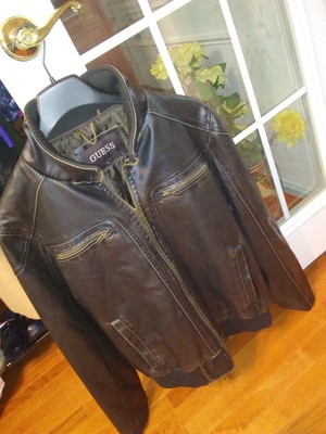 guess brown leather jacket mens