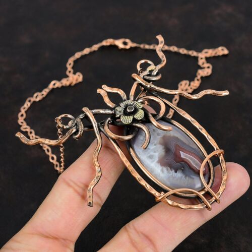 Copper Oval Botswana Agate Gemstone Wire Wrapped Flower Chain Necklace Jewelry