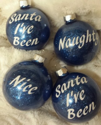 Set of 4 Santa I've been Naught Nice Blue glass Chritmas ornaments ball Homemade
