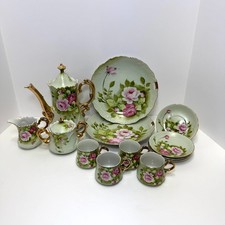 Vintage LEFTON Green Heritage Pink Rose China Set Hand Painted 13 Pieces