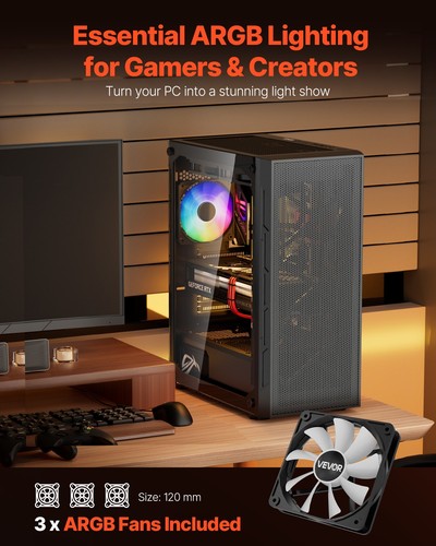 VEVOR Case per PC Compatto 3 Ventole ARGB 120 mm Case per Computer da Gioco - Afbeelding 2 van 12