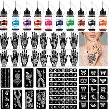 Kit Tatuaggi Temporanei Contiene 10 Flaconi Colori per Tattoo, 8 Paia Stencil pe