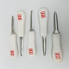 Lot of 5 Oyster Shucking Knife Knives Lot White Poly EBO Handles Stainless Steel