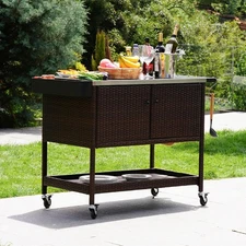 Outdoor Wicker Bar Cart, Outdoor Bar Table with Stainless Steel Tabletop