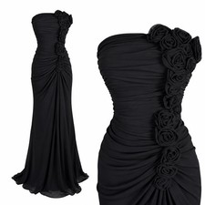 Vintage Black Strapless Gown &bull; Ruched Floral Applique Evening Dress