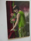 Postcard heart. happy for birthdays. woman, hair fashion, flowers, vase etc. used 31.7.23