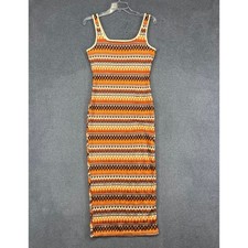 Geometric Knit Midi Dress Womens L Orange Square Neck Beach Bodycon Boho Shein