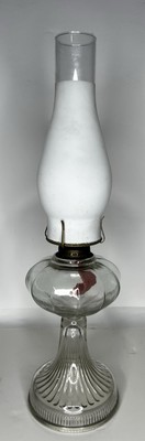 1900s EAPG EAGLE Glass Co Oil Lamp W  Ribbed Base & Frosted  Glass Chimney